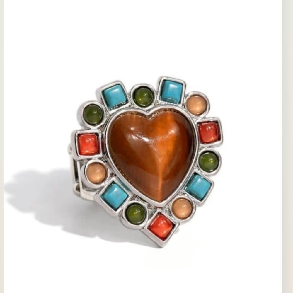 Heart-Shaped Multicolor Stone Ring Desertscape Decadence - Brown Cat's Eye Heart